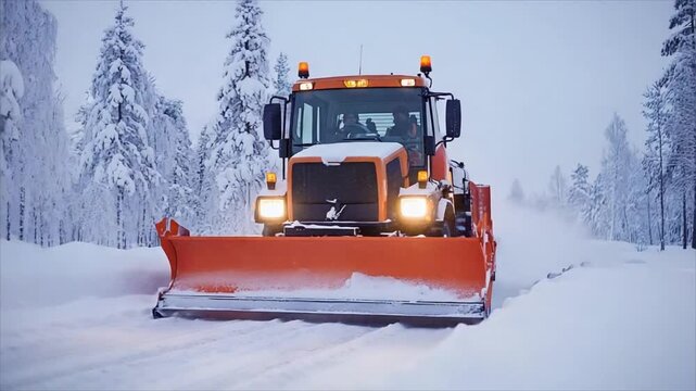 Snowplow clears road during winter blizzard. Heavy machinery removes deep drifts on forest path. Seasonal road maintenance service to improve traffic safety condition.