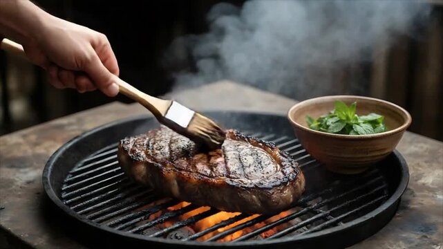 Cook basting beef steak with brush on charcoal grill. Chef preparing grilled meat with herb bowl at bonfire. Culinary professional process for outdoor meal.