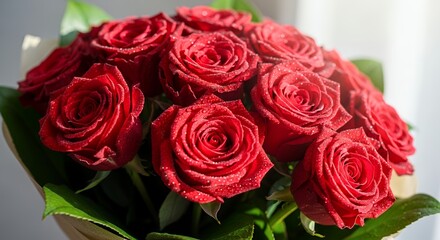 Obraz premium Close-up of lush red roses bouquet, dew drops