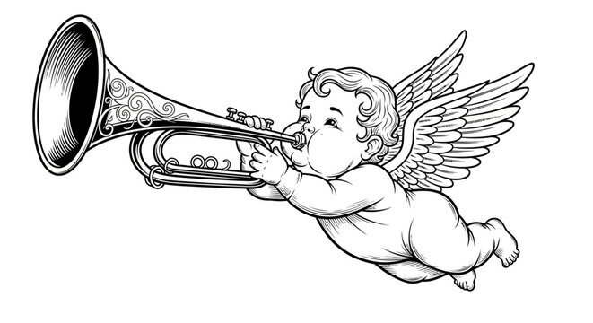 Energetic Flying Baby Angel Playing Large Trumpet in White Background