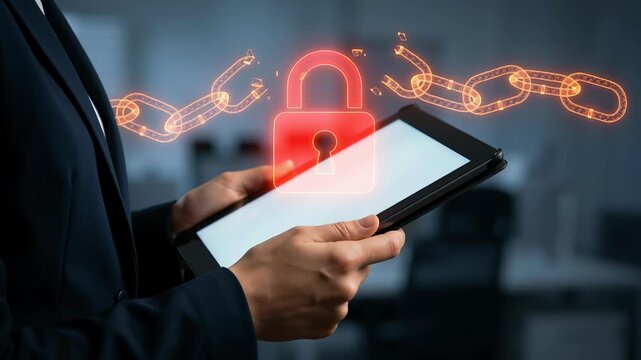 Digital identity alert with ai warning of phishing scam and malware threat on tablet showing broken chain and red lock symbol for strong protection against identity threat