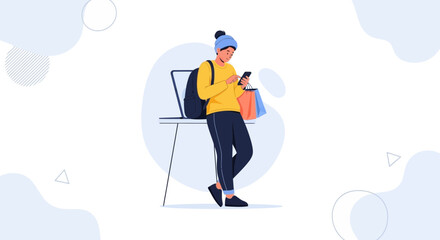 Fototapeta premium Young person with backpack and shopping bags using smartphone, minimalist illustration