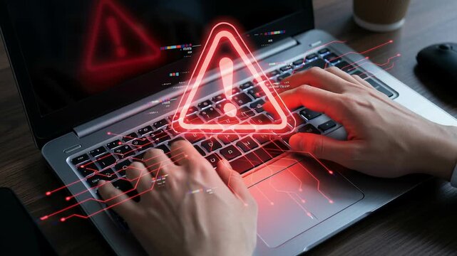 Phishing alert warning on laptop keyboard with hands typing shows digital threat malware scam signs protecting identity from ai cyber attack and online security breach