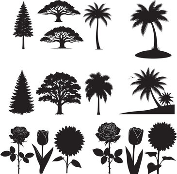 Black silhouettes of trees and flowers on white background