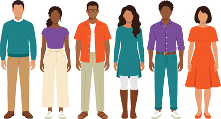 Obraz premium Flat vector illustration of diverse multiethnic group of men and women standing together in casual modern clothing, inclusive community