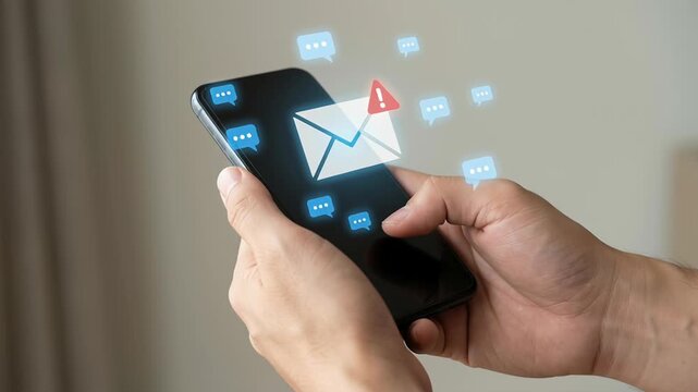 AI phishing scam alert malware threat warning digital identity message notification concept on smartphone screen with hand holding device showing secure communication and data safety protection