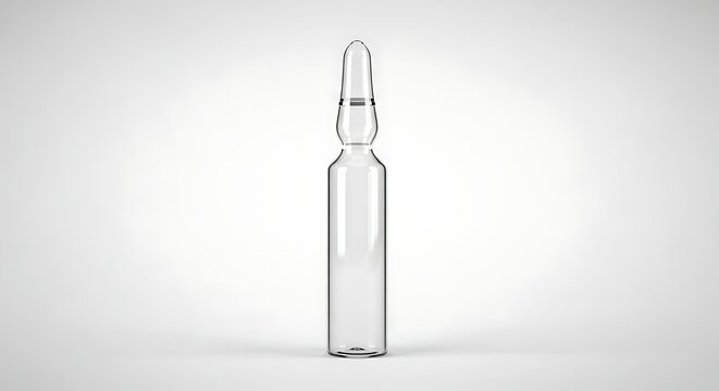 The image shows a single empty glass ampoule standing upright on a plain surface against a white background.
