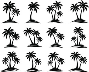 Fototapeta premium ropical Palm Tree Silhouette Collection - 12 Isolated Coconut Tree Vector Icons for Summer Beach Design