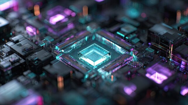 Quantum computing chip architecture close-up, complex quantum bits and entanglement visualization, glowing teal and purple lights, futuristic advanced processor, macro lens