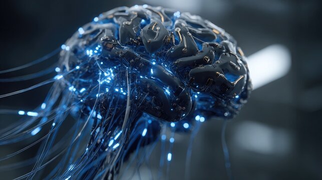a hyper-detailed futuristic cybernetic human brain model, made of metal, circuits, and glowing blue fiber optic cables, artificial general intelligence concept