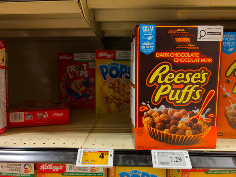 Canada, 12 March 2026 : Reese's Puffs, cereal shelves, Froot Loops, Corn Pops, price tag