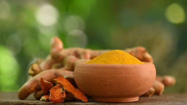 Turmeric or Curcuma longa rhizomes,dried slices and powder on natural background.