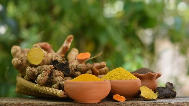 Black galingale or Kaempferia parviflora rhizomes ,powder ,dried slices  and capsule on natural background.