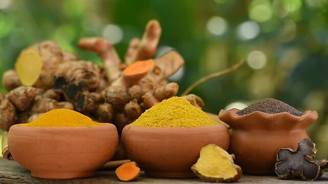 Black galingale or Kaempferia parviflora rhizomes ,powder ,dried slices  and capsule on natural background.