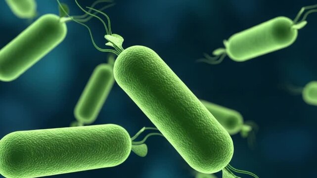 Green bacteria cells with flagella on a dark blue background