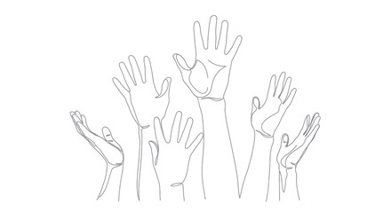 Fototapeta premium Multiple hands raised in a gesture of participation or seeking attention.