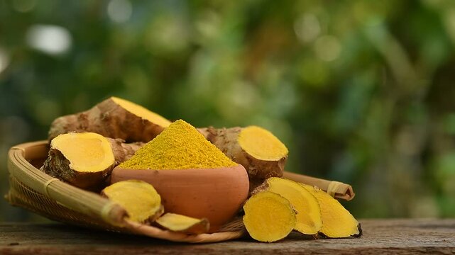 Zingiber montanum, Phlai (Thai name) rhizome ,dried slices and  powder on natural  background.