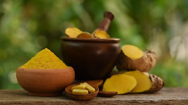 Zingiber montanum, Phlai (Thai name) rhizome ,dried slices, powder and capsule on natural  background.