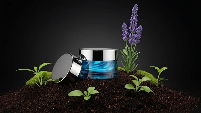 A blue cosmetic product in a jar with a silver lid, surrounded by green plants and purple flowers, growing out of a pile of soil, conveying a sense of natural beauty and wellness