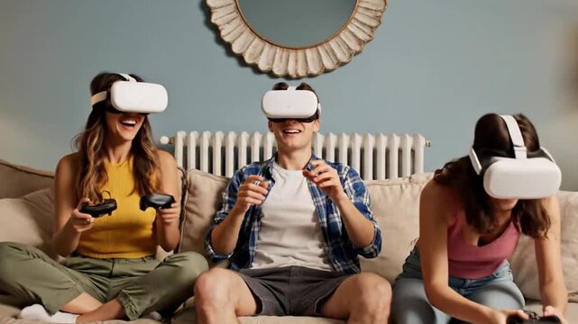 Three friends wearing virtual reality goggles and playing video games on a couch
