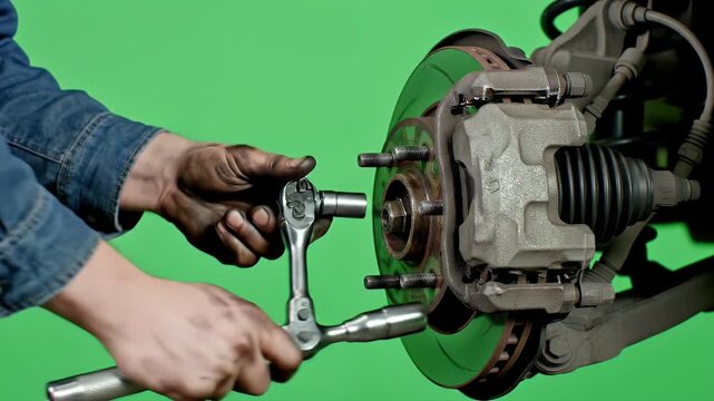 Mechanic Hands Tightening Car Brake Caliper Bolts with Ratchet Wrench on Green Screen Background Professional Automotive Repair Service Close Up