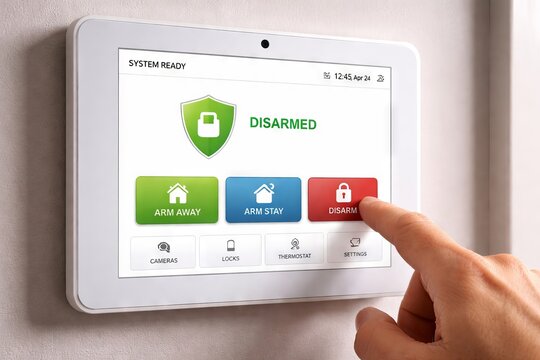 Security system interface with touchscreen display. concept of home alarm, disarmed mode, arm away, and arm stay options, modern technology, user interaction, digital interface
