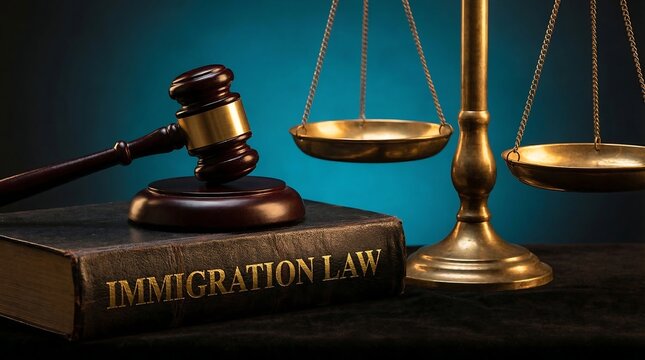 Immigration law book with gavel and scales of justice on a table