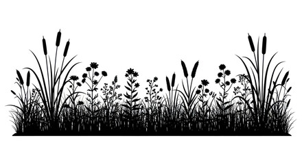 Silhouette of diverse wetland plants and flowers in a row. © Ndog