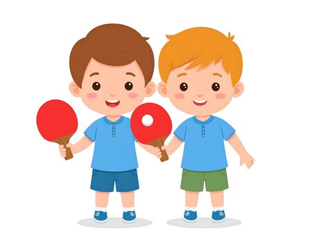 Two boys playing table tennis together.