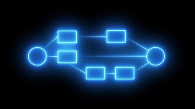 Glowing blue flowchart diagram with boxes and circles connected by lines on dark background infographic