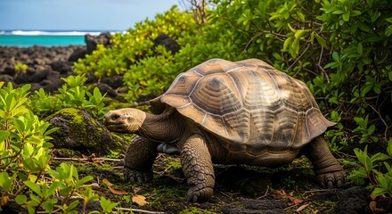 Fototapeta premium Giant tortoise slowly walking through lush green vegetation on a rocky coastal path