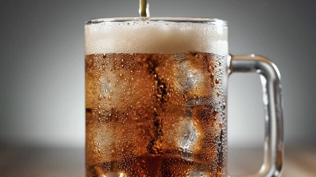 Pouring Fizzy Brown Beverage Into Frosted Glass Mug With Ice Cubes And White Foam Head In Close Up Studio Shot With Gradient Background