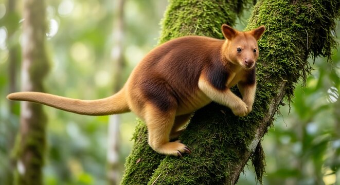 Tree kangaroo clings to moss-covered branch in lush green rainforest habitat