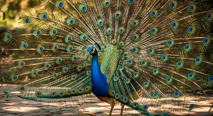 Obraz premium Majestic peacock displaying its vibrant iridescent train feathers in full glory