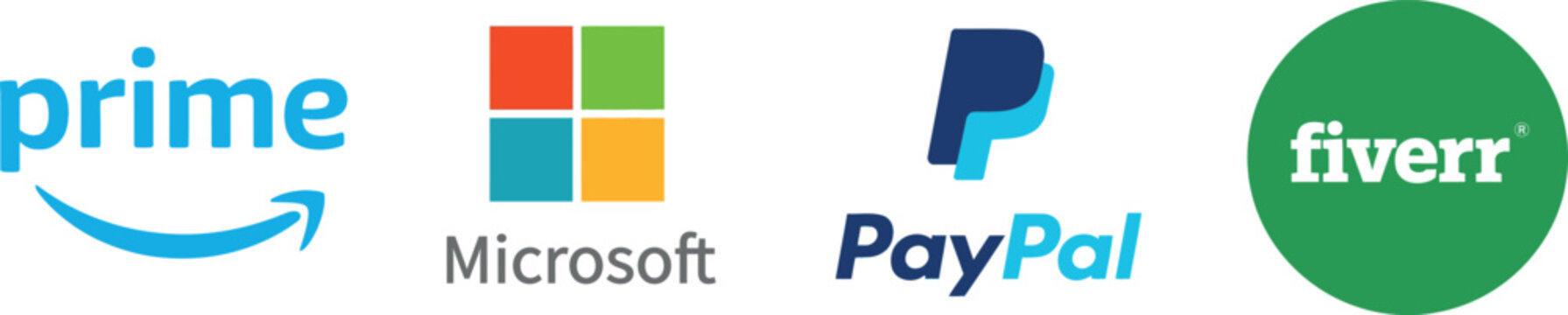 Collection of popular tech and ecommerce brand logos including amazon prime, microsoft, paypal, and fiverr