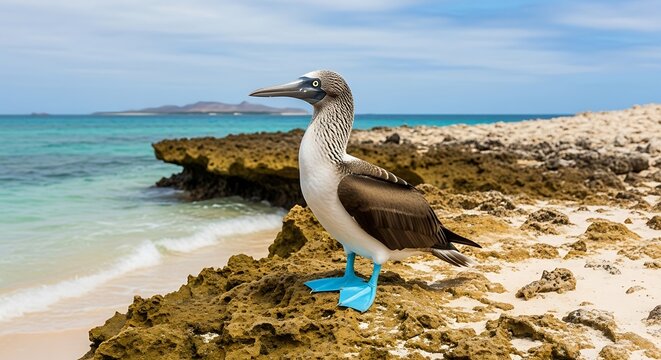 Blue-footed booby bird standing on rocky shore with turquoise ocean and sandy beach in background