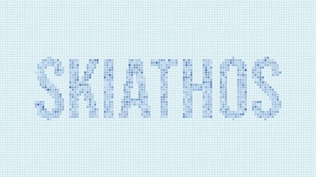 Skiathos dotted map animation. Digital style shape of the island. Skiathos shape and title blue dots appear with flickering effect. Greece. Modern Intro, outro, title, logo video.