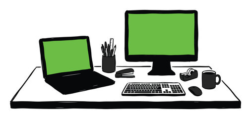 Fototapeta premium Workspace with laptop, monitor, office supplies on a desk with green screens and black elements doodle style