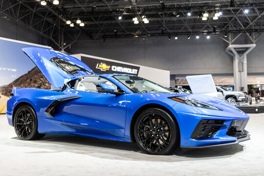 New York City, USA - March 27, 2024: Auto Show 2024. 2020 Chevrolet Corvette C8 sportscar. Chevrolet Corvette C8 sports car. Chevrolet Corvette C8 luxury coupe. Blue color Chevy, corner view