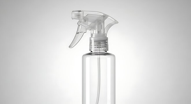 A clear plastic spray bottle with a nozzle stands alone on a plain background.