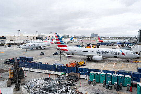 Miami, Florida, USA - April 29, 2025: Plane arrival American airline. Departure and arrival at airport. American airline. American airlines group plane departure in airport. Airport terminal