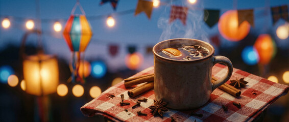 Fototapeta premium A cup of hot mulled wine with cinnamon and anise on a checkered tablecloth