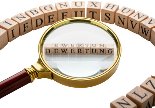 vintage brass magnifying glass magnifying wooden blocks spelling "bewertung" on a pristine reflective white surface in high-key light. concept of detailed professional assessment