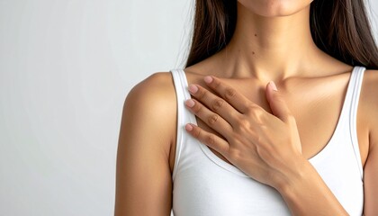 Fototapeta premium Close up of a woman in a white tank top with her hand resting on her chest against a neutral background