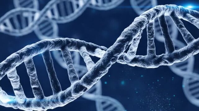 Closeup of a dna double helix structure on a blue background with glowing effects