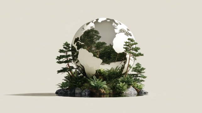 3D Globe Surrounded by Lush Greenery and Tropical Plants in Nature