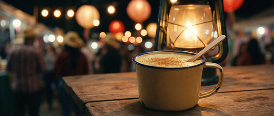 Fototapeta premium A cup of hot chocolate with a spoon sitting on a wooden table in front of a lantern