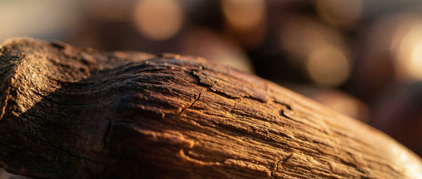 A close-up of a piece of wood with a blurred background of wine corks