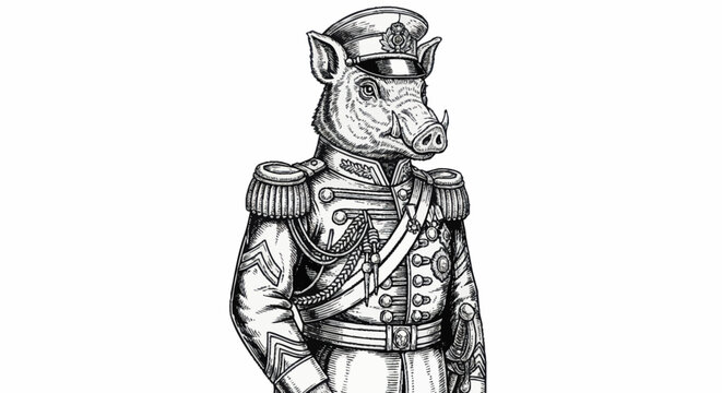 Anthropomorphic Pig in Military Uniform Illustration.