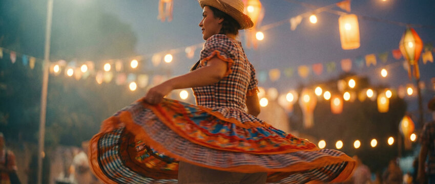 A woman in a colorful dress and straw hat dances in a festival setting with paper lanterns